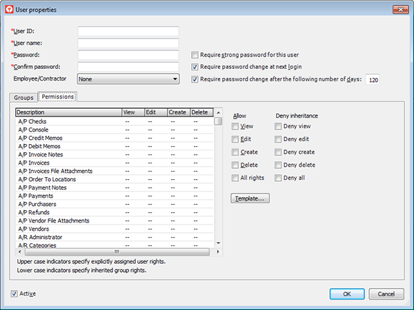 Permissions Tab of User Properties Window